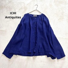 ICHI Antiquites Linen Blouse Blue No Collar Gathered Long Sleeve Casual Japan