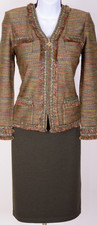 ST.JOHN Women's Green Orange Metallic Studs Fringed Trim Jacket Skirt Sz 2-4