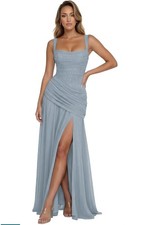 Square Neck Chiffon Bridesmaid Dress Dusty Blue Spaghetti Straps Mermaid Slit 14