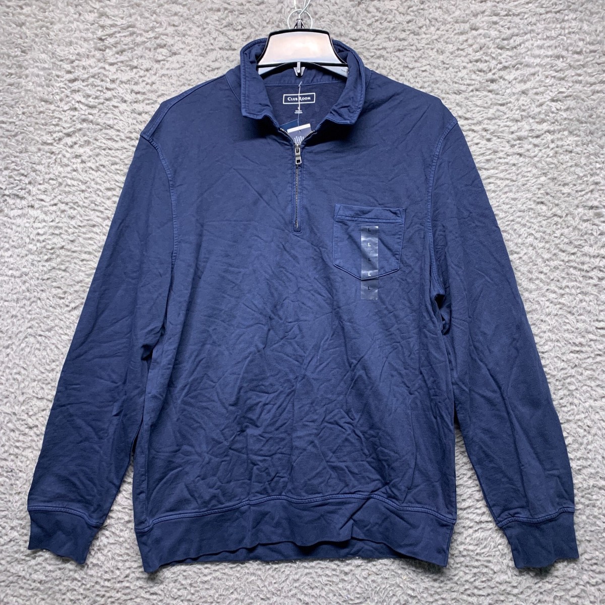 Club Room Sweater Mens Large Blue Quarter Zip long Sleeve Ribbed Waist and  Wrist