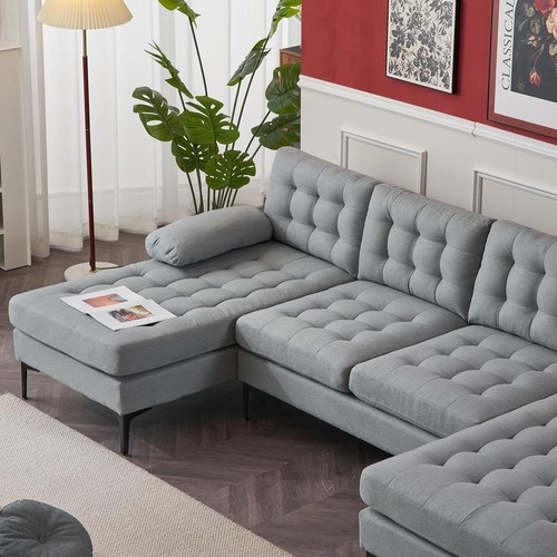 4 Seat Modern Sectional Sofa 2 Chaise U-Shaped Couch Upholstered Light Grey - Picture 7 of 9