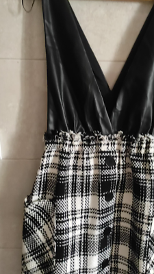 Zara Tweed Plaid Faux Leather Pinafore V Neck Black White Dress With  Pockets S M | eBay