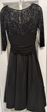 Jessica Howard BLK Midi 3/4 Slv Lace Fit Flare Satin Tule Skirt Formal Dress 6