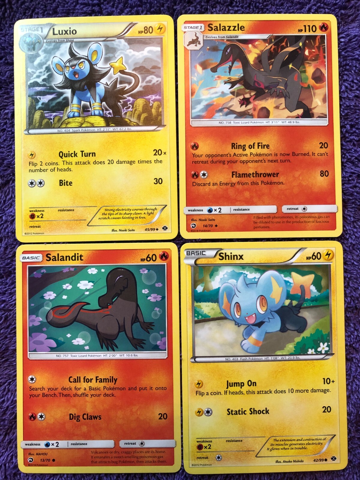 POKEMON CARD x4 SALAZZLE 14/70 SALANDIT 13/70 LUXIO 45/99 SHINX 42/99 UNPLAYED