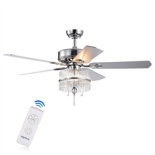 Wyllow DeBase 52-Inch Chrome Lighted Ceiling Fans Crystal Flutes Remote Control - Picture 3 of 6