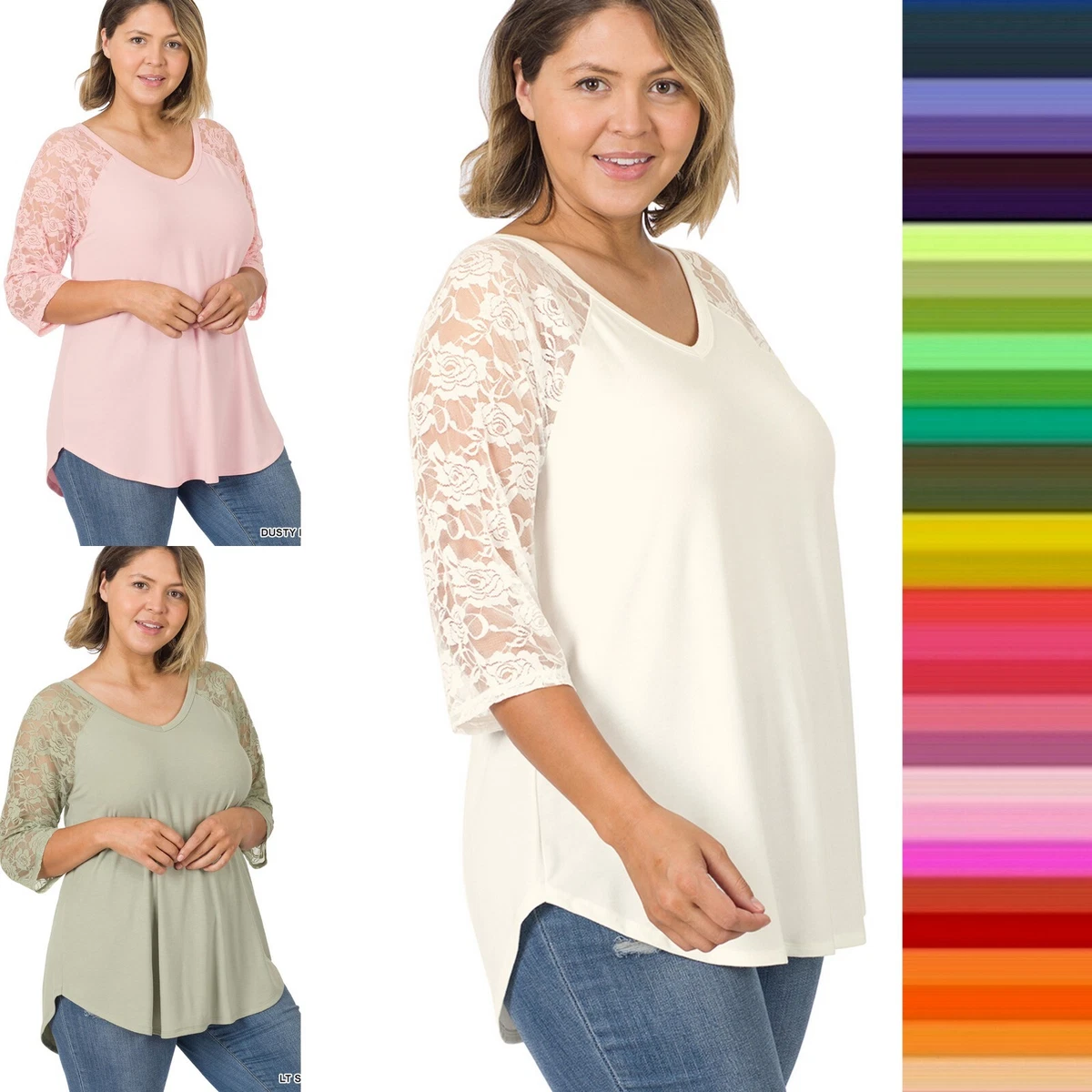 1X 2X 3X Plus Size Women V Neck Lace 3/4 Sleeve Round Hem Soft Stretch  Rayon Top