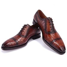 Handmade Men Shaded Brown Crocodile Leather Lace Up Dress Shoes, Business Shoes