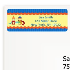 Playground Blue Birthday Party Personalized Return Address Stickers - 27 labels