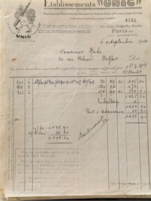 UNIC  Pen Co Invoice  4th September, 1942 From there Paris Office