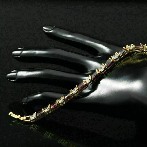 14 CT Emerald Cut Lab-Created Red Ruby Tennis Bracelet 14K Yellow Gold Finish - Picture 3 of 4
