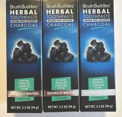 Brush Buddies Herbal Toothpaste 3.5oz Activated Charcoal Cool Mint 3 Pack USA 