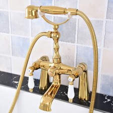 Gold Color Brass Deck Mount Bathtub Clawfoot Faucet Mixer Tap w/ Handheld Shower