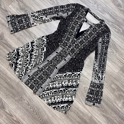 Free People Mini Dress Black Tegan Border Print Rayon Swing Dress Boho sz 0 - Picture 12 of 22