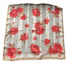 Vintage Symphony Scarf Made In Italy Red Rose Floral Tan Brown 20  Square Granny