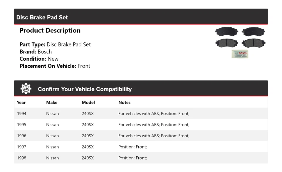 Pastillas de freno delanteras semimetálicas Bosch 1994-1998 Nissan 240SX 1995 1996 1997 Foto 2 de 3