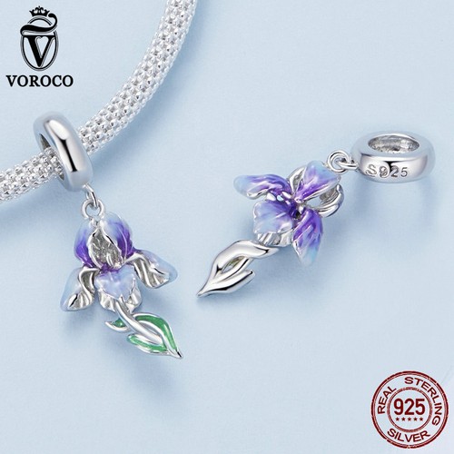 Women Fashion 925 Sterling Silver Iris CZ Hanging bead Charm Fit Bracelet VOROCO - Picture 3 of 14