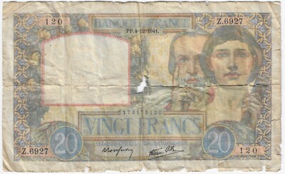 France 20 Francs 4.12.1941 Circulated Banknote P 92b | eBay