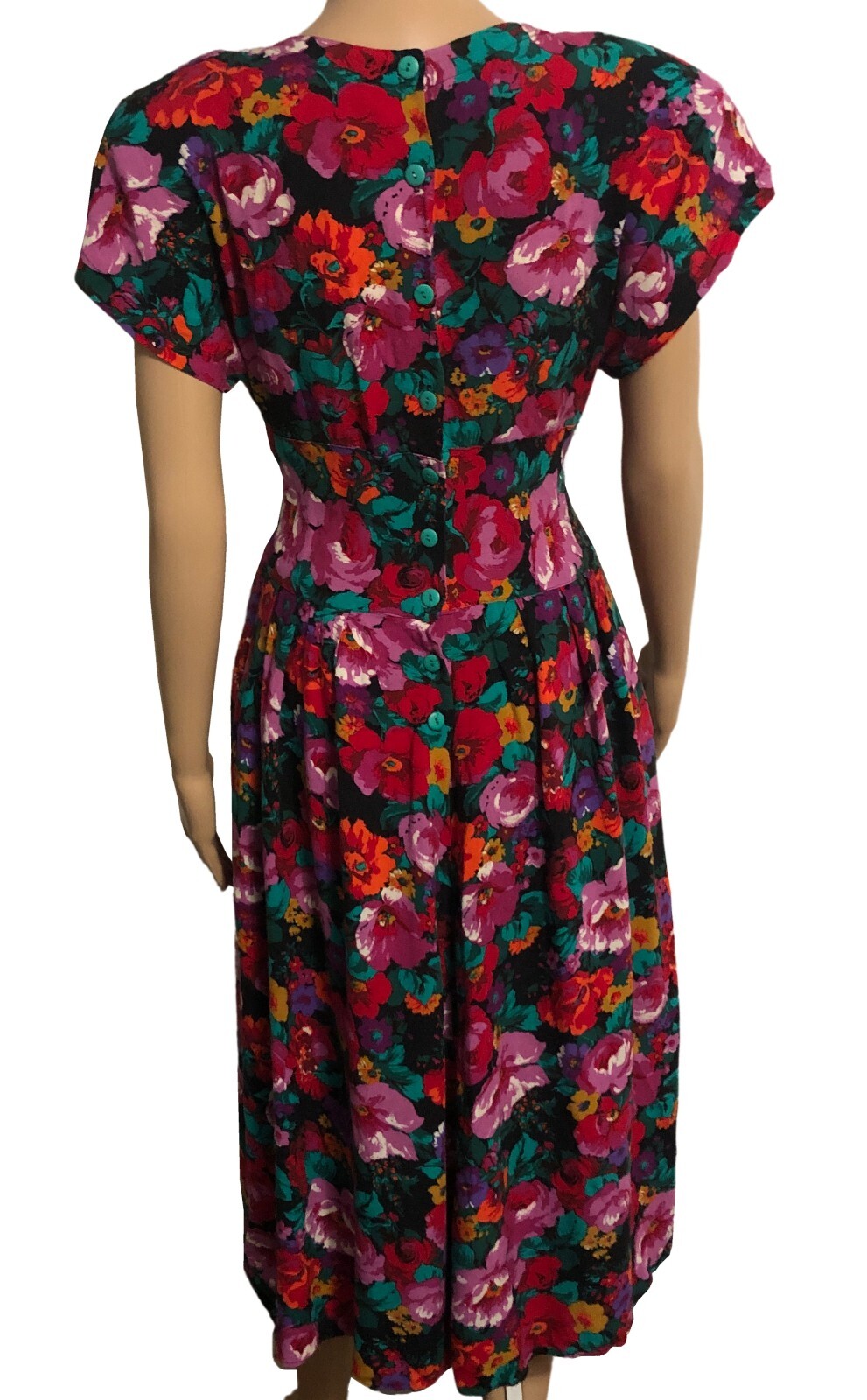 vtg 80s REO Originals Fit N Flare Day Dress Sz 10 Garden Floral Wide Waist Pckts