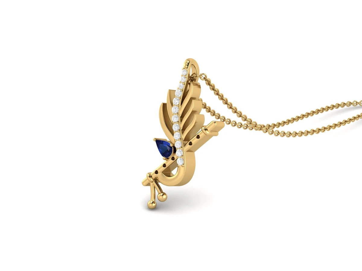 5x3mm Pear Shape Blue CZ 10k Yellow Gold KRISHNA FLUTE LEAF Necklace