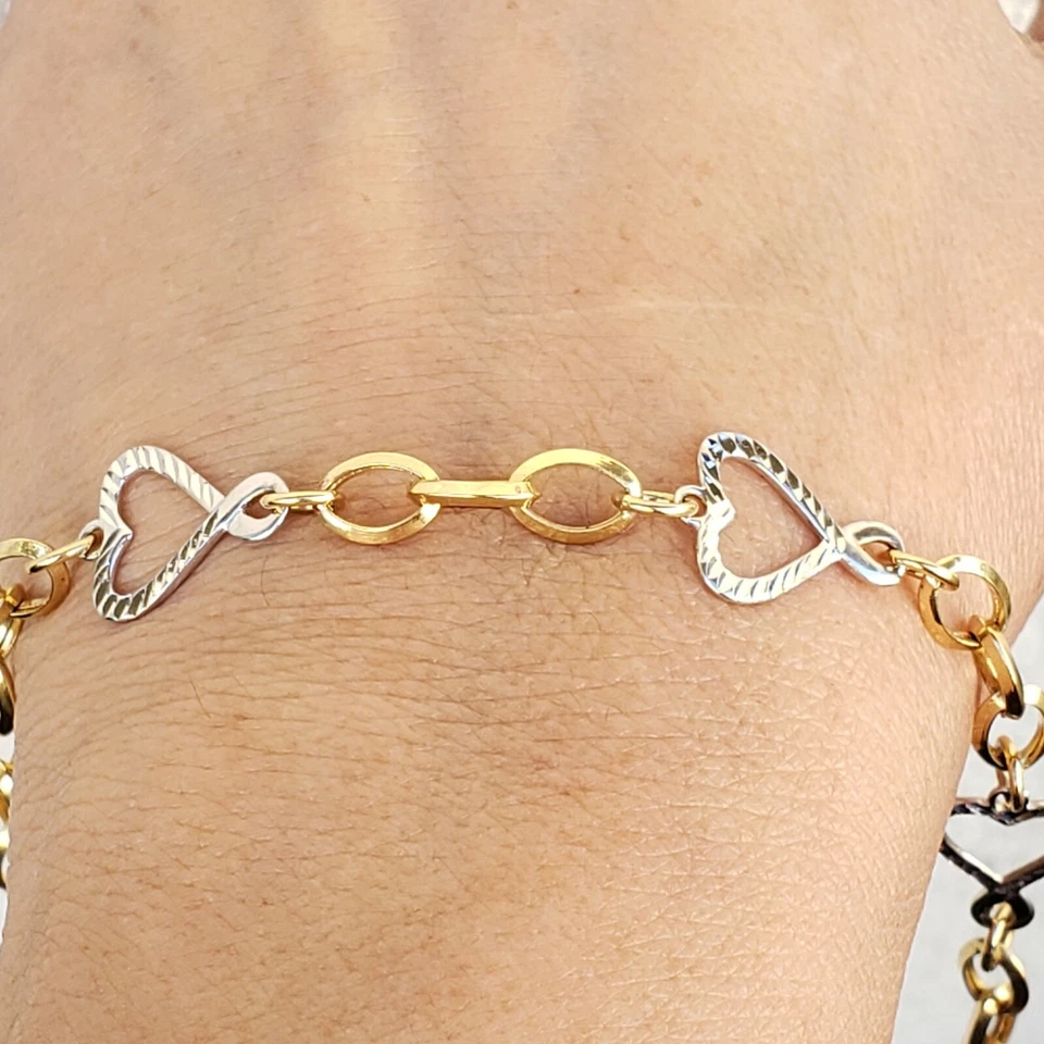 womans 14k yellow white gold diamond cut hearts link Bracelet 8 inch long - Image 2 of 4