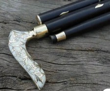 NEW BEAUTIFUL BRASS DESIGN HANDLE FOLDABLE BLACK WOODEN WALKING STICK CANE GIFT