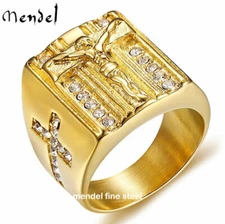 MENDEL Mens Stainless Steel Gold Plated CZ Jesus Cross Crucifix Ring Size 7 8-15