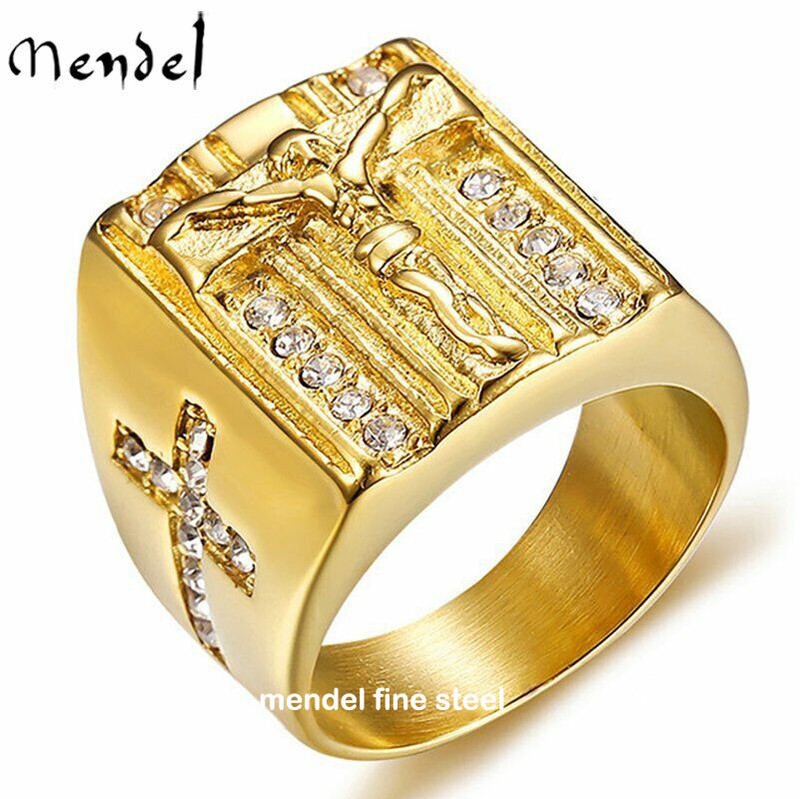 Mendel Mens Gold Plated Jesus Cross Crucifix Ring Size 8-15 - Product main view