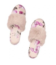 New Victorias Secret Signature Satin Slippers Fuzzy Pink Floral Small 5/6 NWT