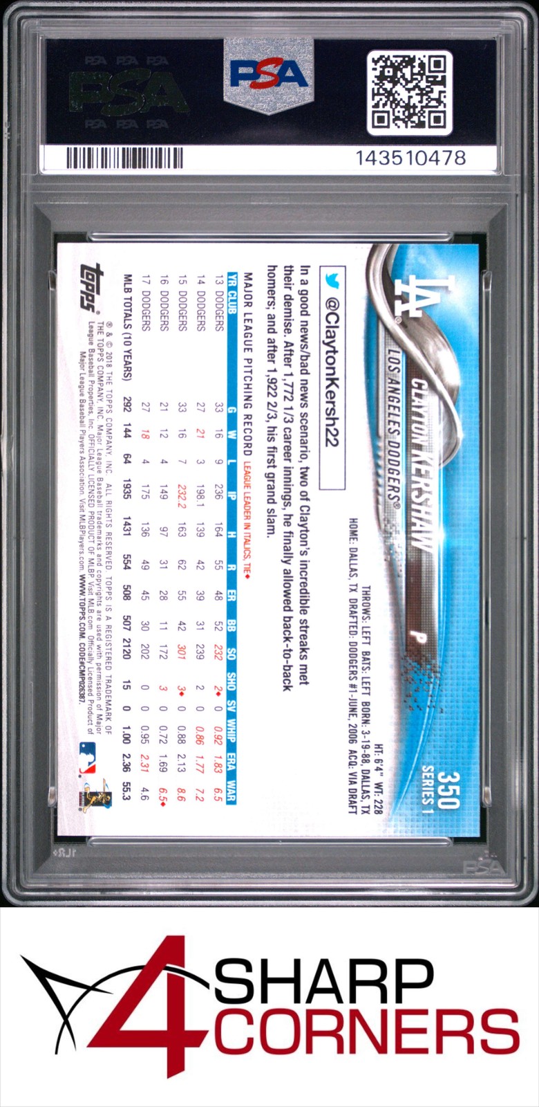 2018 TOPPS #350 CLAYTON KERSHAW DODGERS PSA 10 view 2
