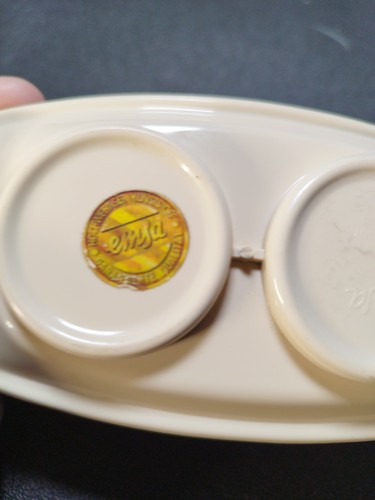 West German Tan Floral Salt & Pepper Shakers Melamine With Tray, Vintage - Picture 8 of 9