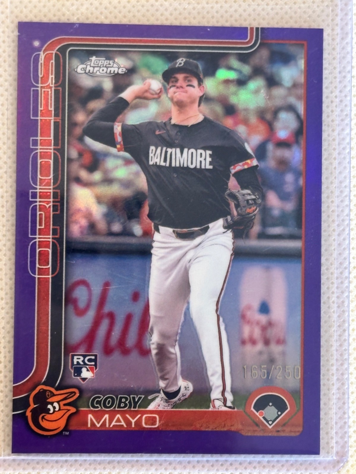 2025 Topps Chrome ~ Coby Mayo ~ RC ~ Purple Refractor /250 ~ #120 ~ Orioles