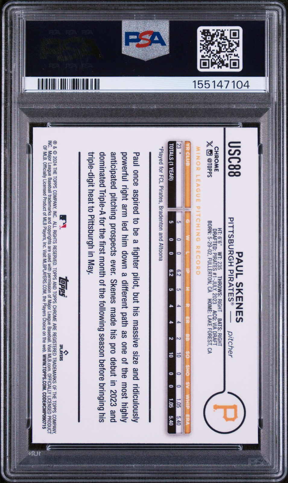 2024 TOPPS CHROME UPDATE #USC88 PAUL SKENES ROOKIE RC PSA 8 view 2