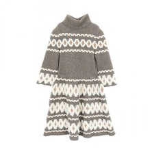Chanel Gripore Button Dress Wool Yak Cashmere Gray White Brown