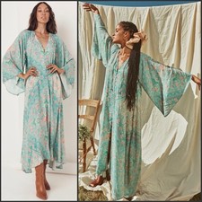 Spell & The Gypsy “Farrah” Half Moon Aqua Maxi Dress Boho Duster Size Medium