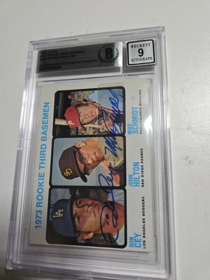 1973 Topps High Number Mike Schmidt, Ron Cey, John Hilton #615 (RC) automático BGS 9🔥 Foto 2 de 4