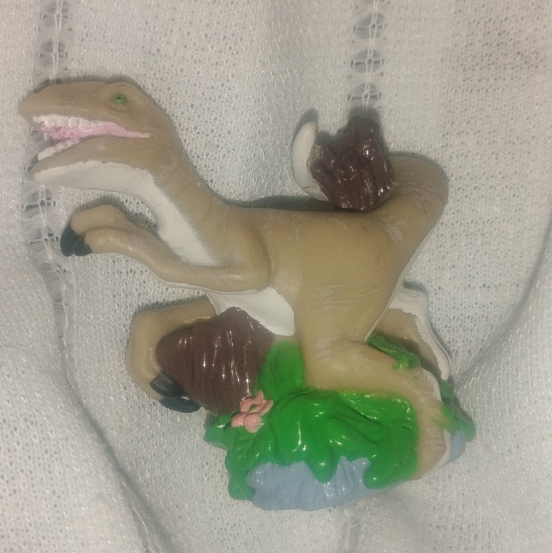 Vintage 90s Raptor Dinosaur Finger Puppet Plastic Toy Figure Retro Dino On Log