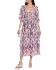 Ganni Pleated Georgette Flounce Smock Midi Dress Women's Pink 32