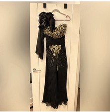 Black Gold Beaded Sequin One Shoulder Pleated Mermaid Maxi Dress Long Formal