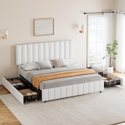 Queen Size Bed Frame with 4 Storage Drawers and Headboard,No Box Spring Needed