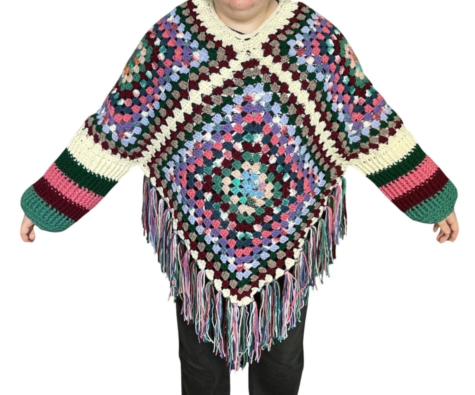 Crochet Poncho with Sleeves Granny Square Design Pattern Colorful Handmade New