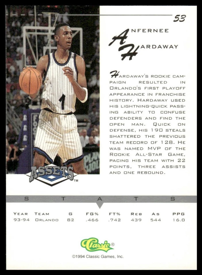 Anfernee Hardaway 1994-95 Classic Assets #53 Orlando Magic - Image 2 of 2