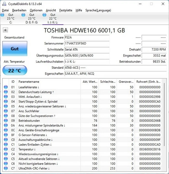 Toshiba HDWE160UZSVA 6 TB SATA III X300 Performance 128 MB Cache 100% OK - Bild 3 von 3