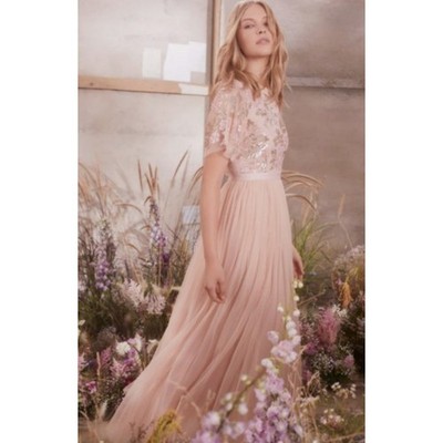 Needle & Thread Dream Rose Gown Blush Pink Sequin Tulle Maxi Dress US 2