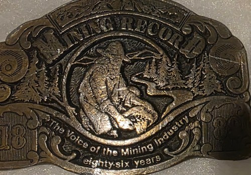 Vintage 1975 Metal Belt Buckle, Brass, Mining Record, The Voice Of The Mining