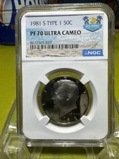 1981 S Type 1 50c Kennedy PF 70 Ultra Cameo NGC Graded PCB Hobby Label