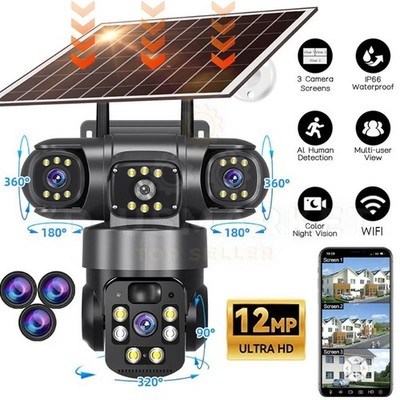 Wireless Solar Camera With 3Lens 3Screen, PIR Human Detect Cameras,Two-Way Audio