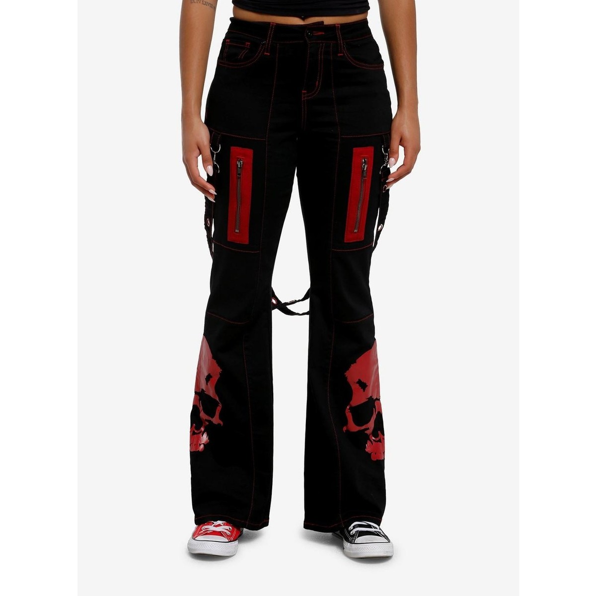 NWT Hot Topic Social Collision Black & Red Skull Suspender Flare