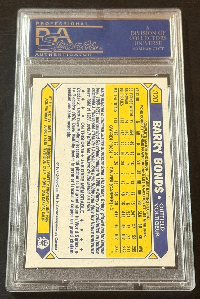 1987 O - PEE- CHEE #320 BARRY BONDS BASEBAL ROOKIE RC PSA 7 HOME RUN KING - Image 3 of 3
