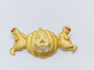 Halloween Gold Tone Pumpkin Ghost Orange Rhinestone Eyes Brooch Pin ...