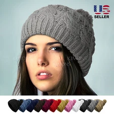 POM-POM Knit Slouchy Baggy Beanie Oversize Winter Hat Ski Cap Skull Women Solid